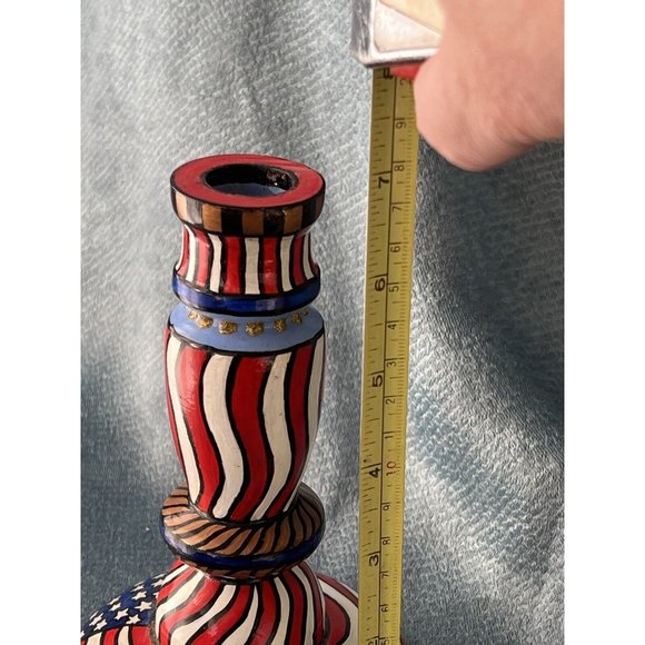 Americana Handmade Wooden Country Patriotic Candlestick Signed by Artist - Picture 4 of 8